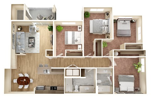 Floor plan for 4 beds, 2 baths, 1342 sqft